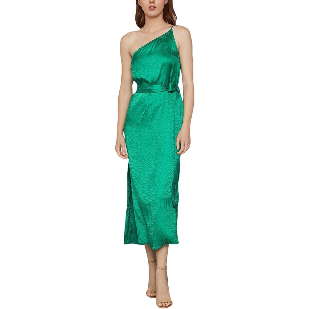 DOTTED SATIN ONE SHOULDER BELTED COCKTAIL DRESS